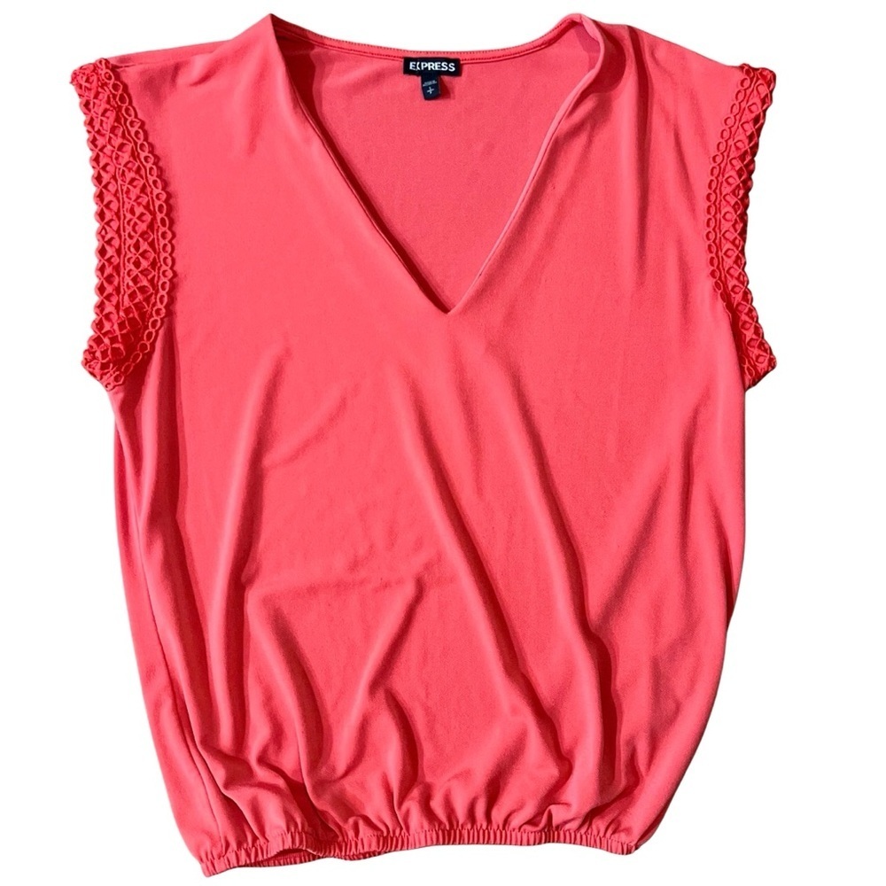 Express Coral V-Neck Blouse Lace Trim Sleeves Size Small Petite